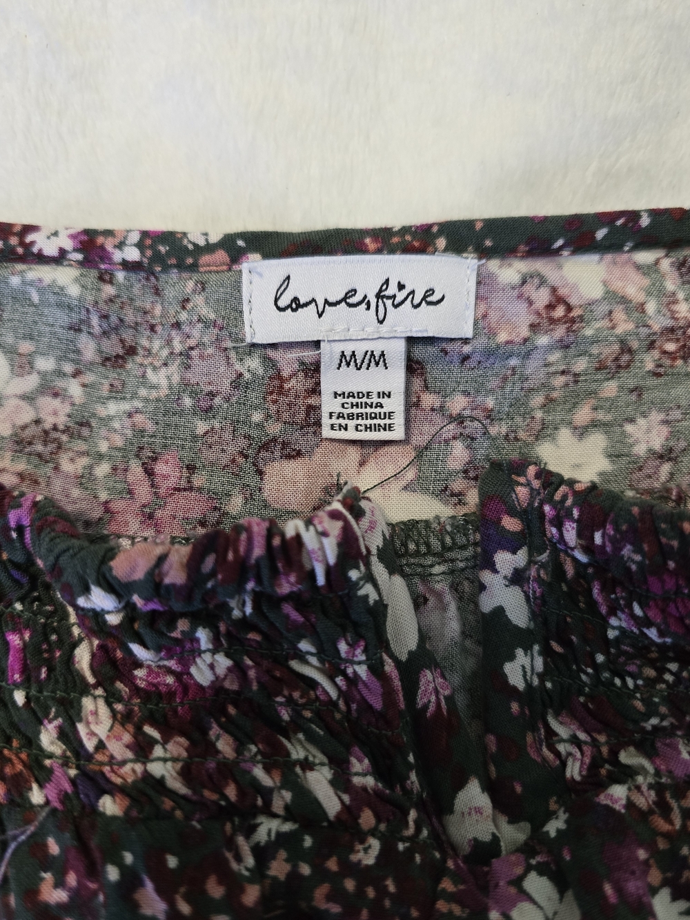 Love,Fire Dark Green Floral Square Neck Peasant/Peplum Top M - Picture 3 of 9
